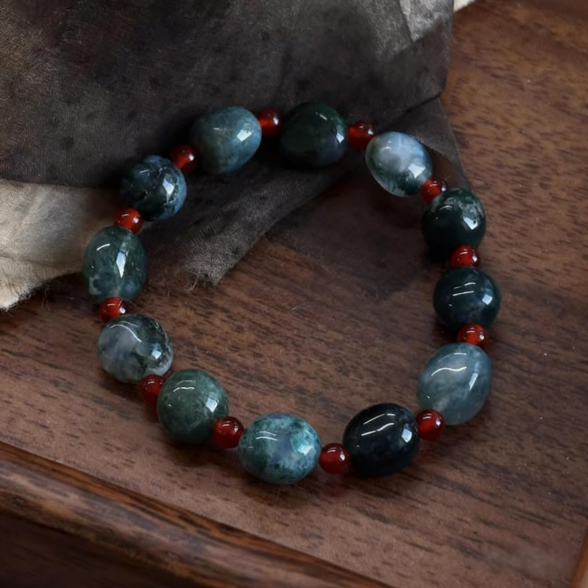 Natural Moss Agate and Red Agate Bracelet