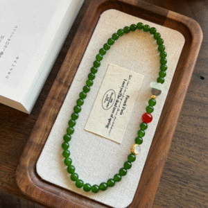 Natural Green Chalcedony and White Jade Double-Strand Bracelet with Red Agate and Red Stone