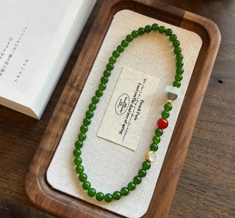 Natural Green Chalcedony and White Jade Double-Strand Bracelet with Red Agate and Red Stone